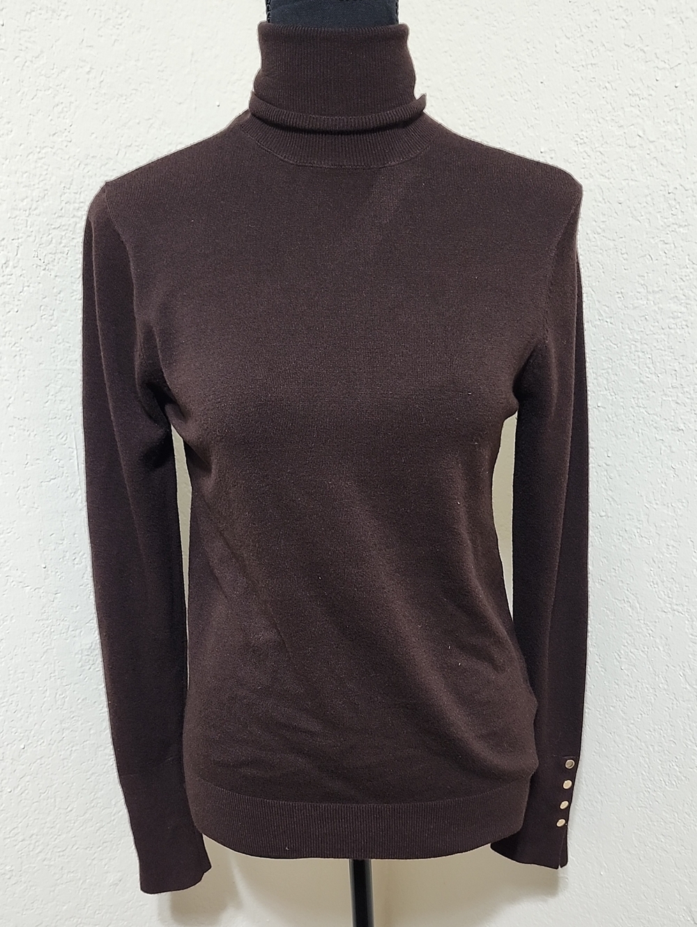 Zara Chocolate Brown Knit Turtleneck Sweater Button Cuff Size L EUC Cottagecore
